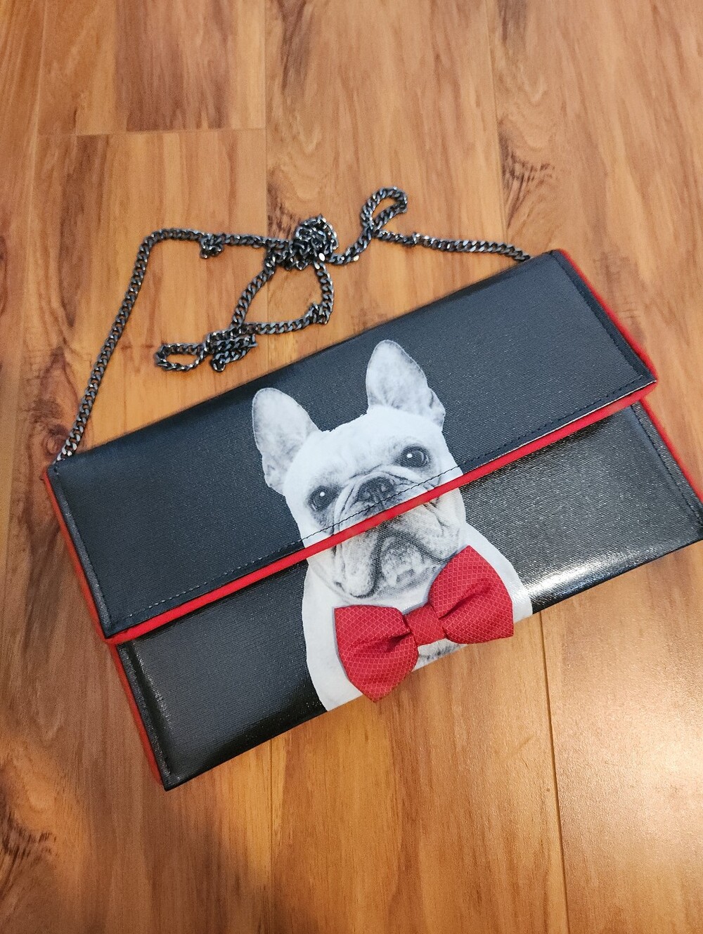 Black Clutch Bag with French Bulldog and Red Bow KENT STETSON CROSSBODY
